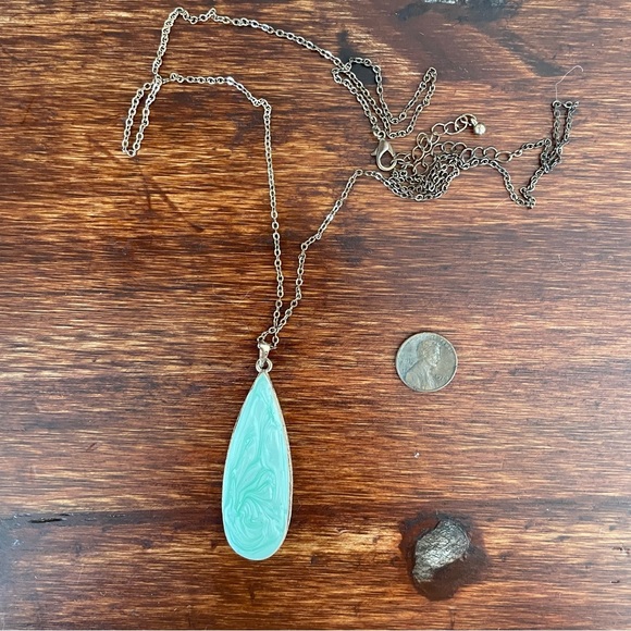 Reversible | Blue Teal Turquoise Jade | Druzy | Drop Necklace | Long Chain - Picture 6 of 6